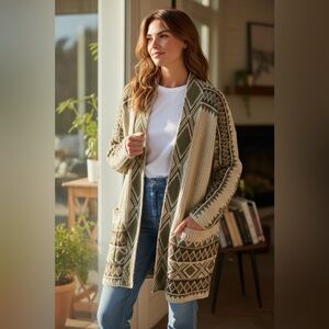 Lucky Brand Olive and Cream Knit Cardigan
